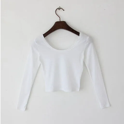 2015 Fall fashion autumn Sexy Crop Top Ladies long Sleeve t shirt women tops Basic Stretch T-shirts Bare-midriff solid color