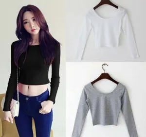 2015 Fall fashion autumn Sexy Crop Top Ladies long Sleeve t shirt women tops Basic Stretch T-shirts Bare-midriff solid color