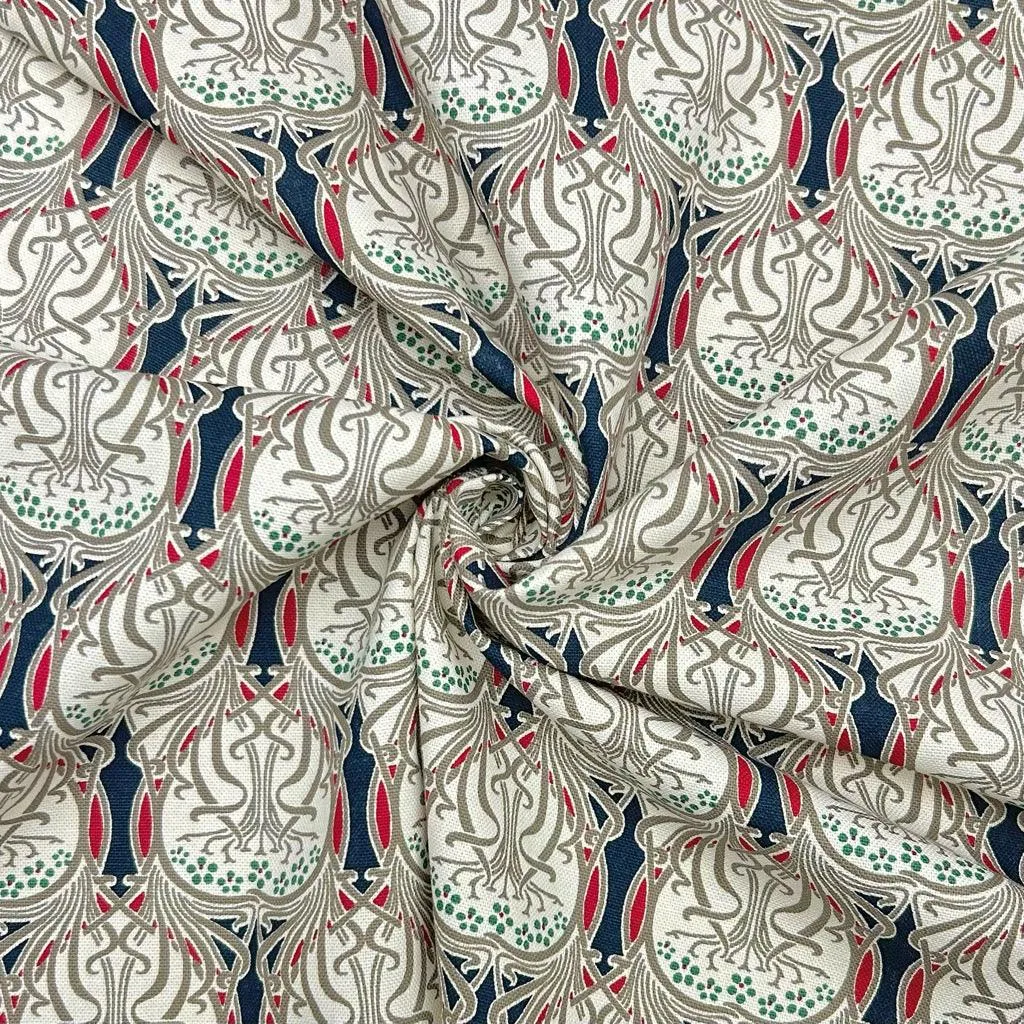 Beige Abstract Patterns on Navy Cotton Canvas Fabric