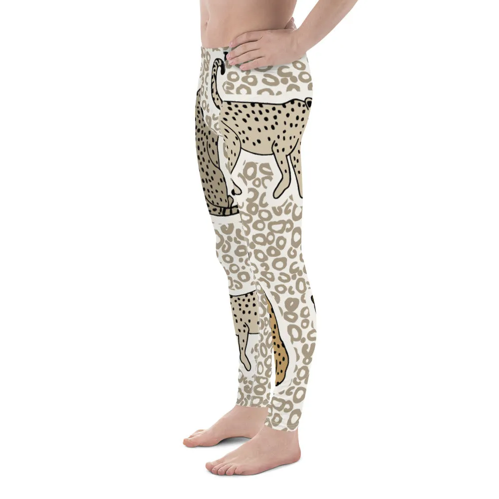 Beige Cheetah Print Men's Leggings, Animal Cheetah Print Best Designer Meggings Tights-Made in USA/EU/MX