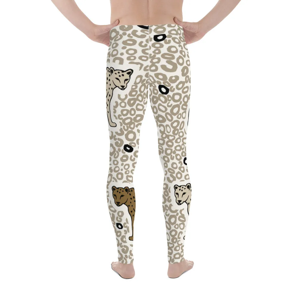 Beige Cheetah Print Men's Leggings, Animal Cheetah Print Best Designer Meggings Tights-Made in USA/EU/MX