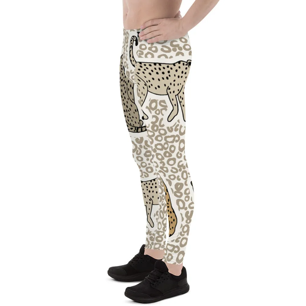 Beige Cheetah Print Men's Leggings, Animal Cheetah Print Best Designer Meggings Tights-Made in USA/EU/MX