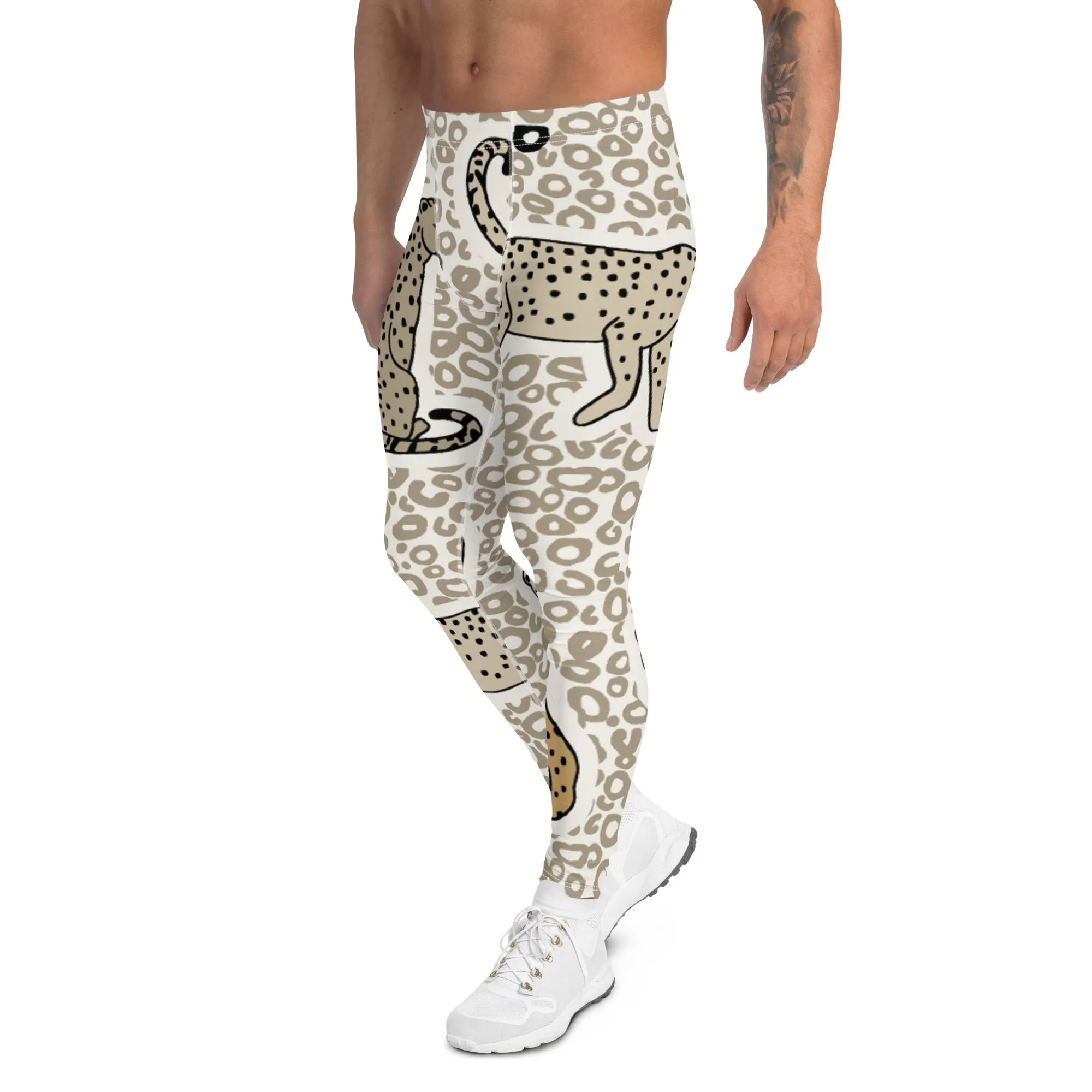 Beige Cheetah Print Men's Leggings, Animal Cheetah Print Best Designer Meggings Tights-Made in USA/EU/MX