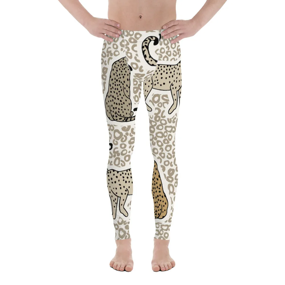 Beige Cheetah Print Men's Leggings, Animal Cheetah Print Best Designer Meggings Tights-Made in USA/EU/MX