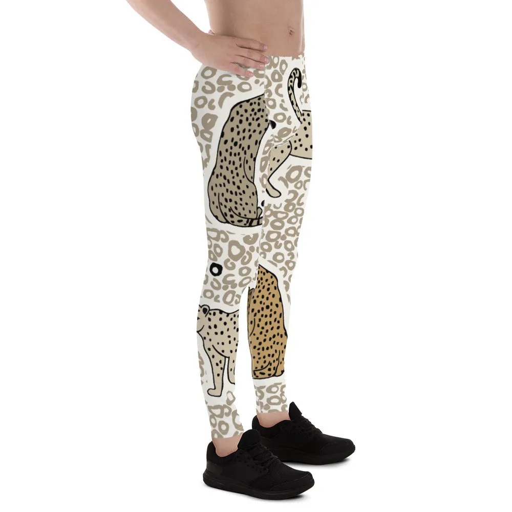 Beige Cheetah Print Men's Leggings, Animal Cheetah Print Best Designer Meggings Tights-Made in USA/EU/MX