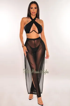 Black Mesh Sheer High Waist Double Slit Cover Up Pants