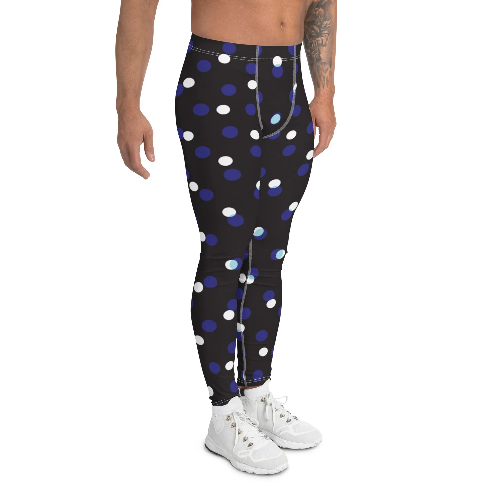 Black White Polka Dots Meggings, Best Men's Leggings Designer Running Tights- Made in USA/EU/MX