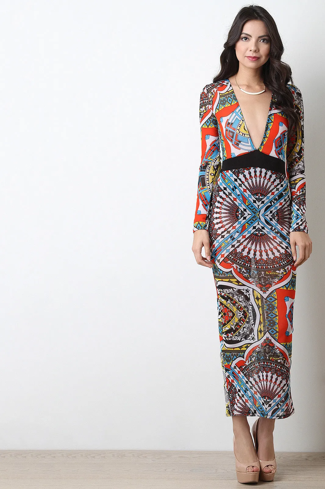 Bold Abstract Print Mesh Long Sleeve Maxi Dress