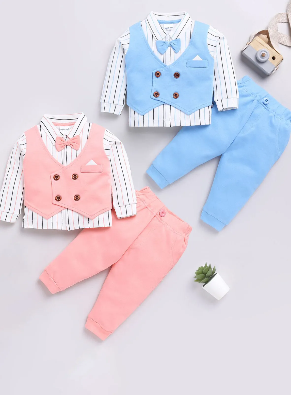 Boys Striped Three Piece Party Suit with Bow - Pink and Blue