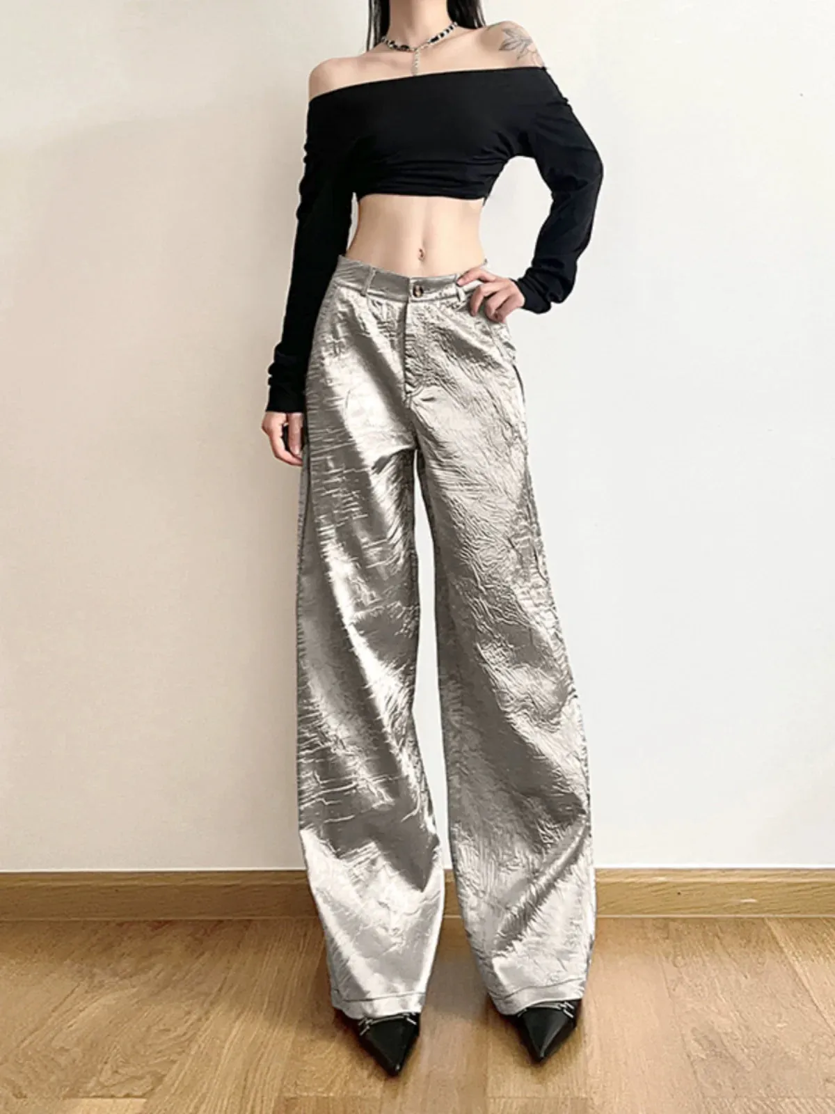 Brylei Pleated Silver Wide-Leg Trousers