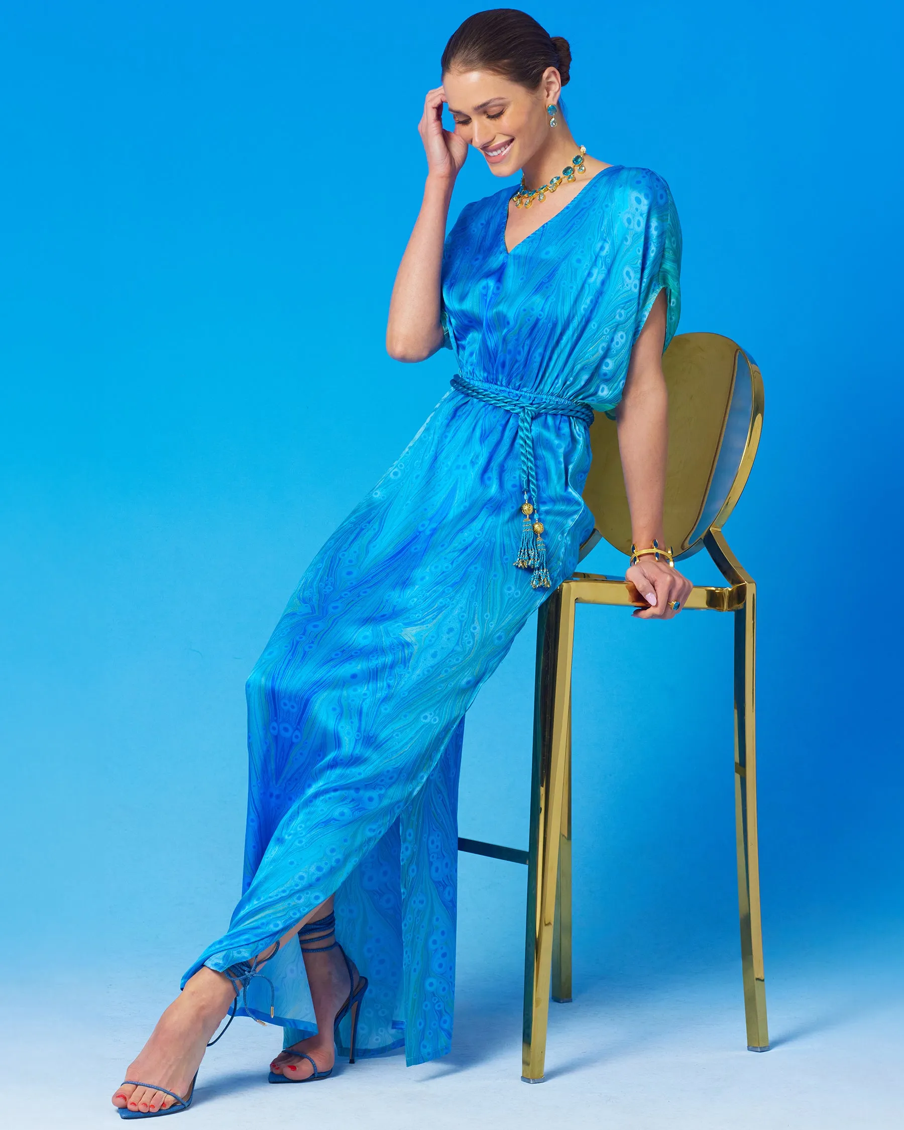 Calliope Long Silk Dress in Sea Nymph Blues