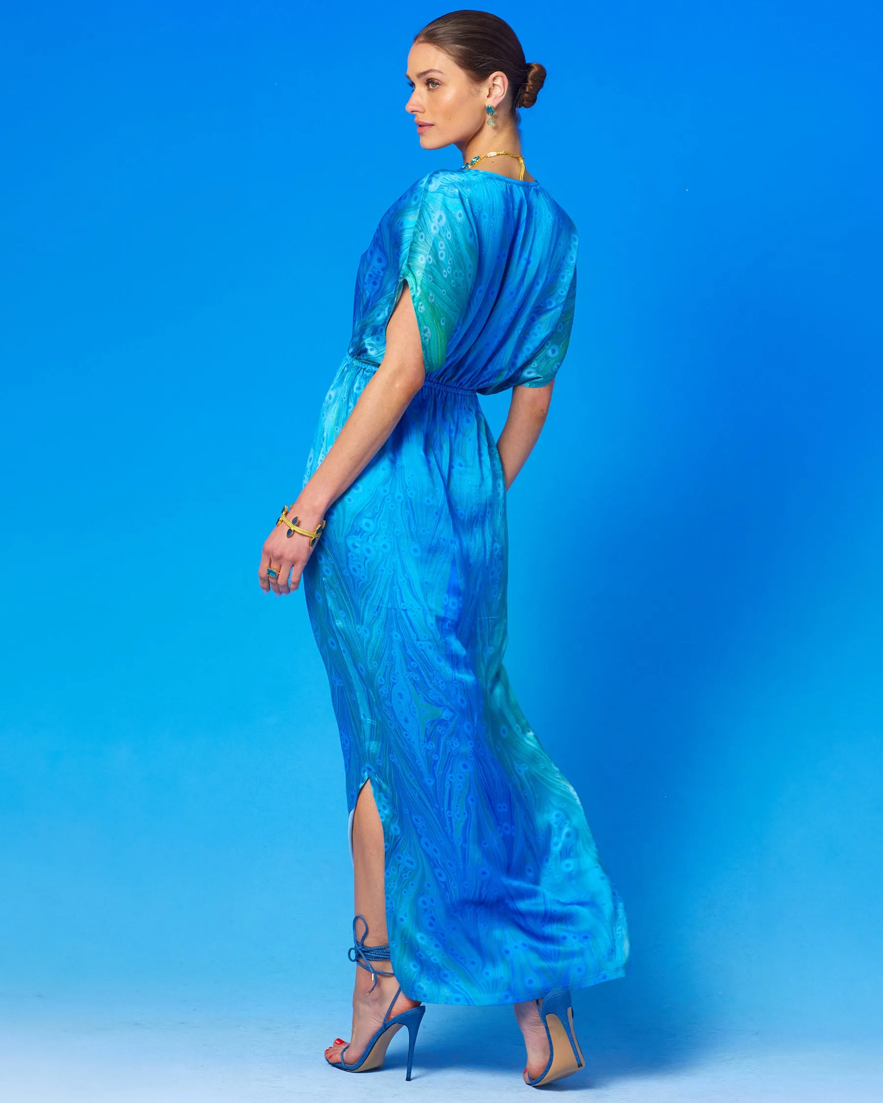 Calliope Long Silk Dress in Sea Nymph Blues