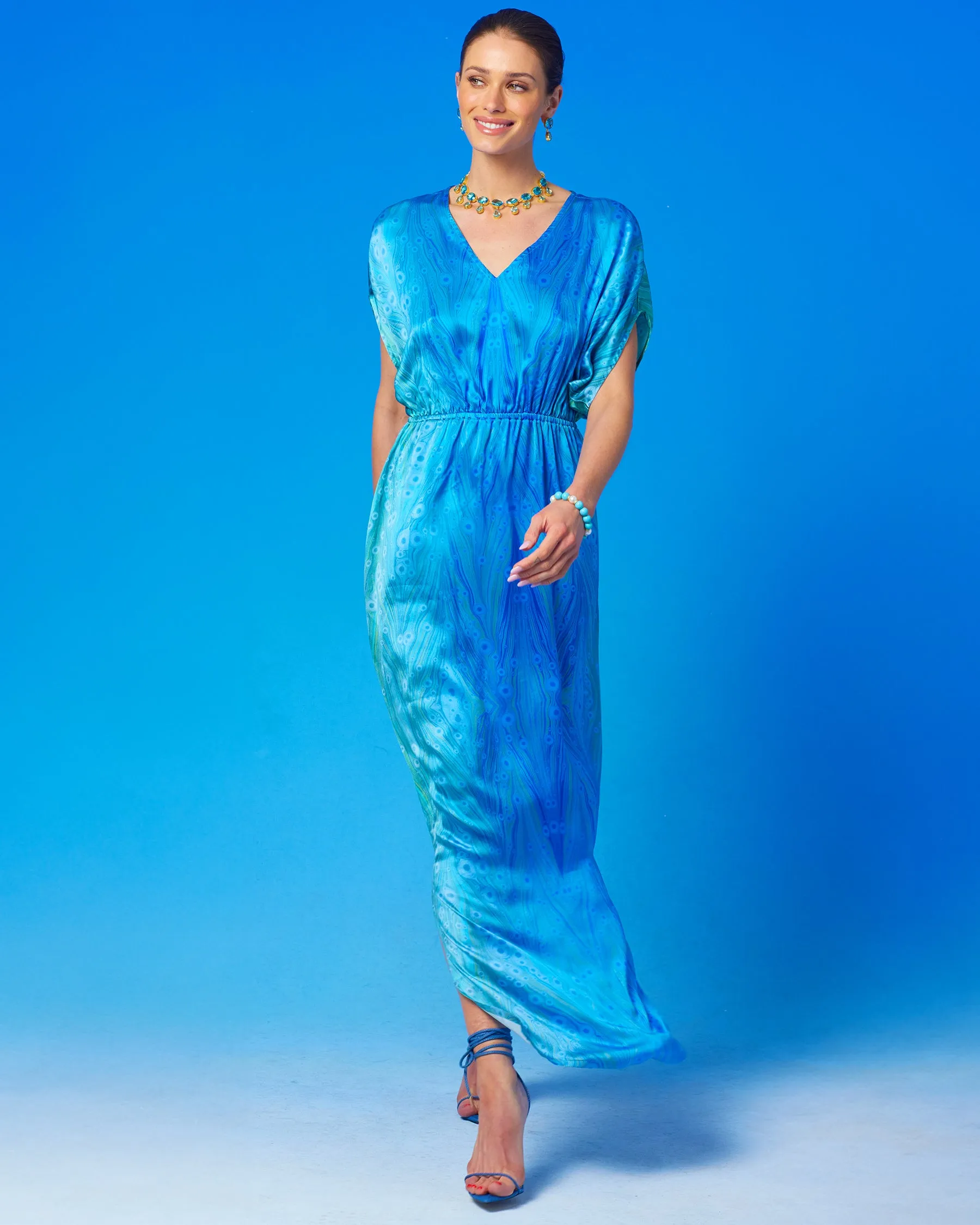 Calliope Long Silk Dress in Sea Nymph Blues