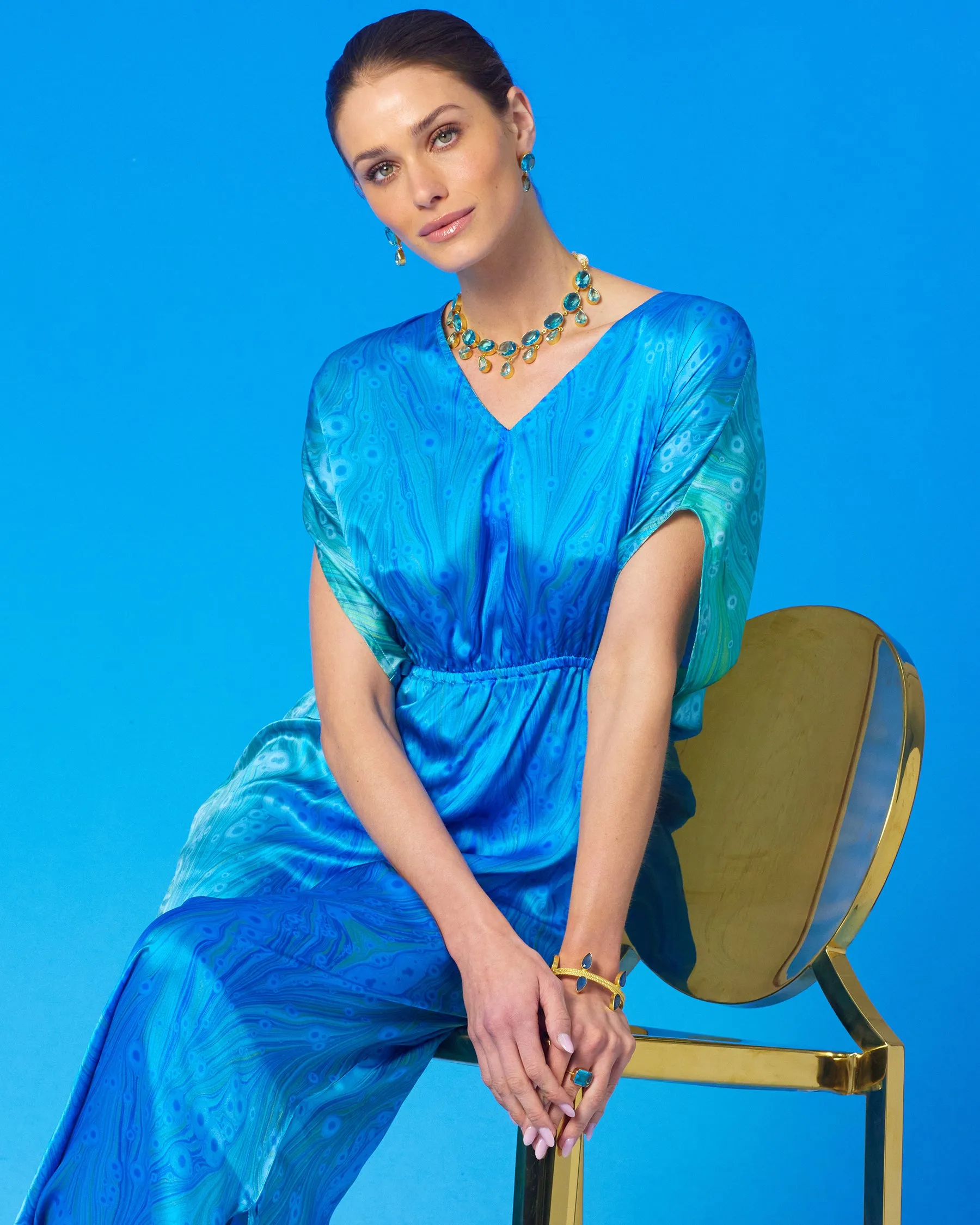 Calliope Long Silk Dress in Sea Nymph Blues