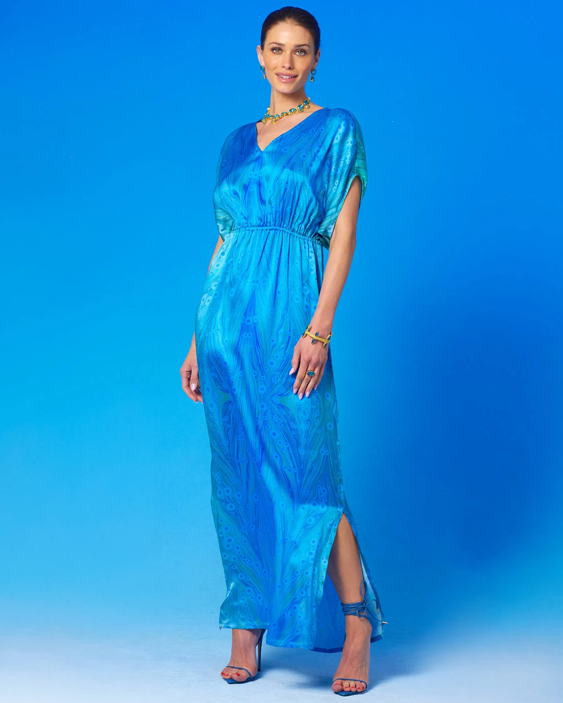 Calliope Long Silk Dress in Sea Nymph Blues