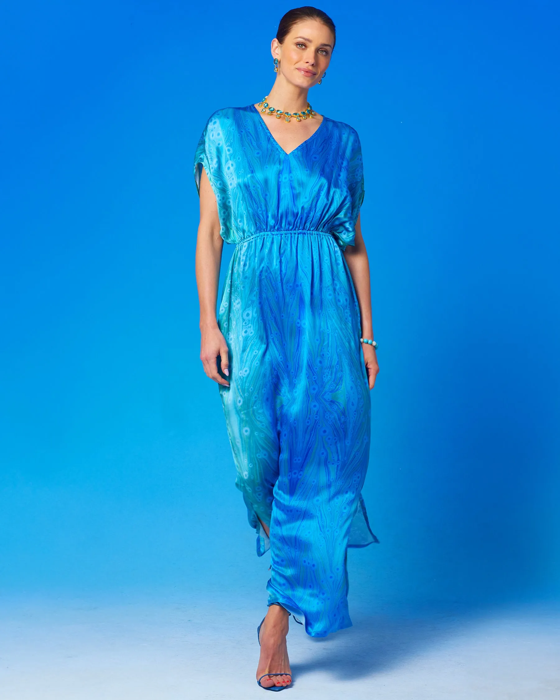 Calliope Long Silk Dress in Sea Nymph Blues