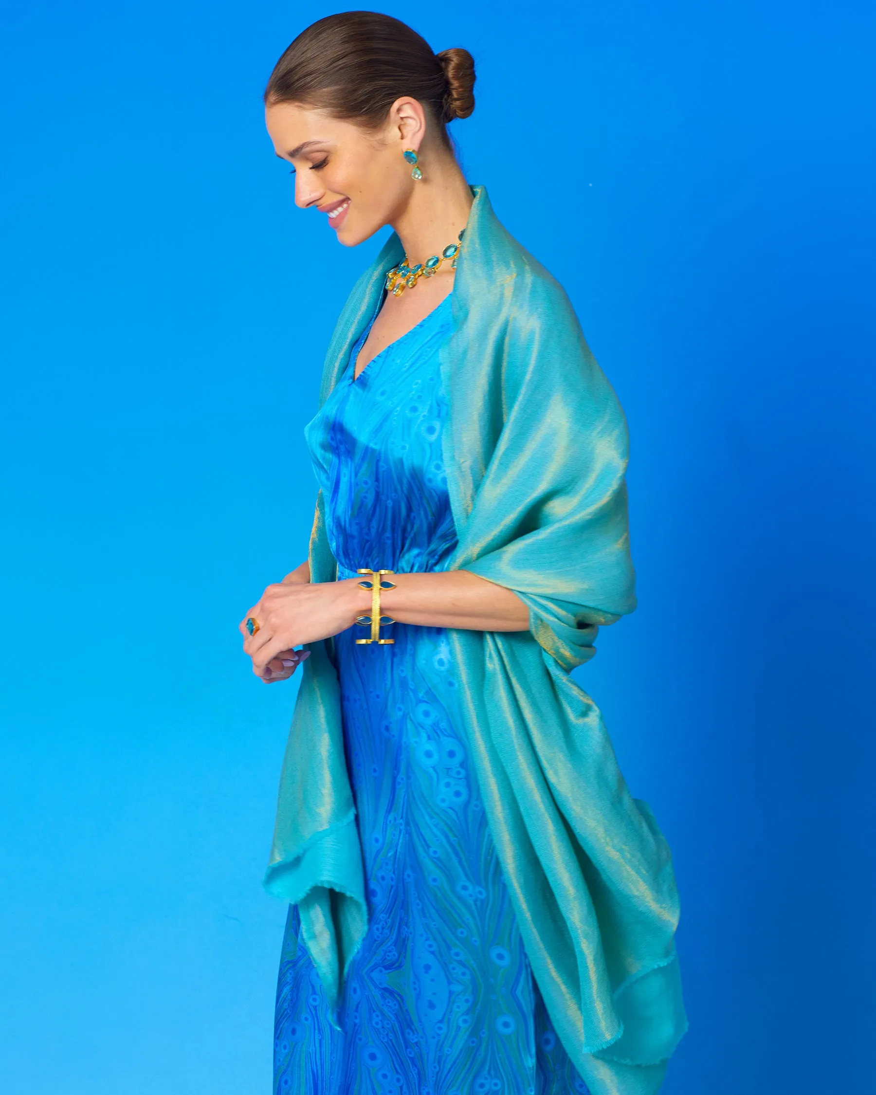 Calliope Long Silk Dress in Sea Nymph Blues