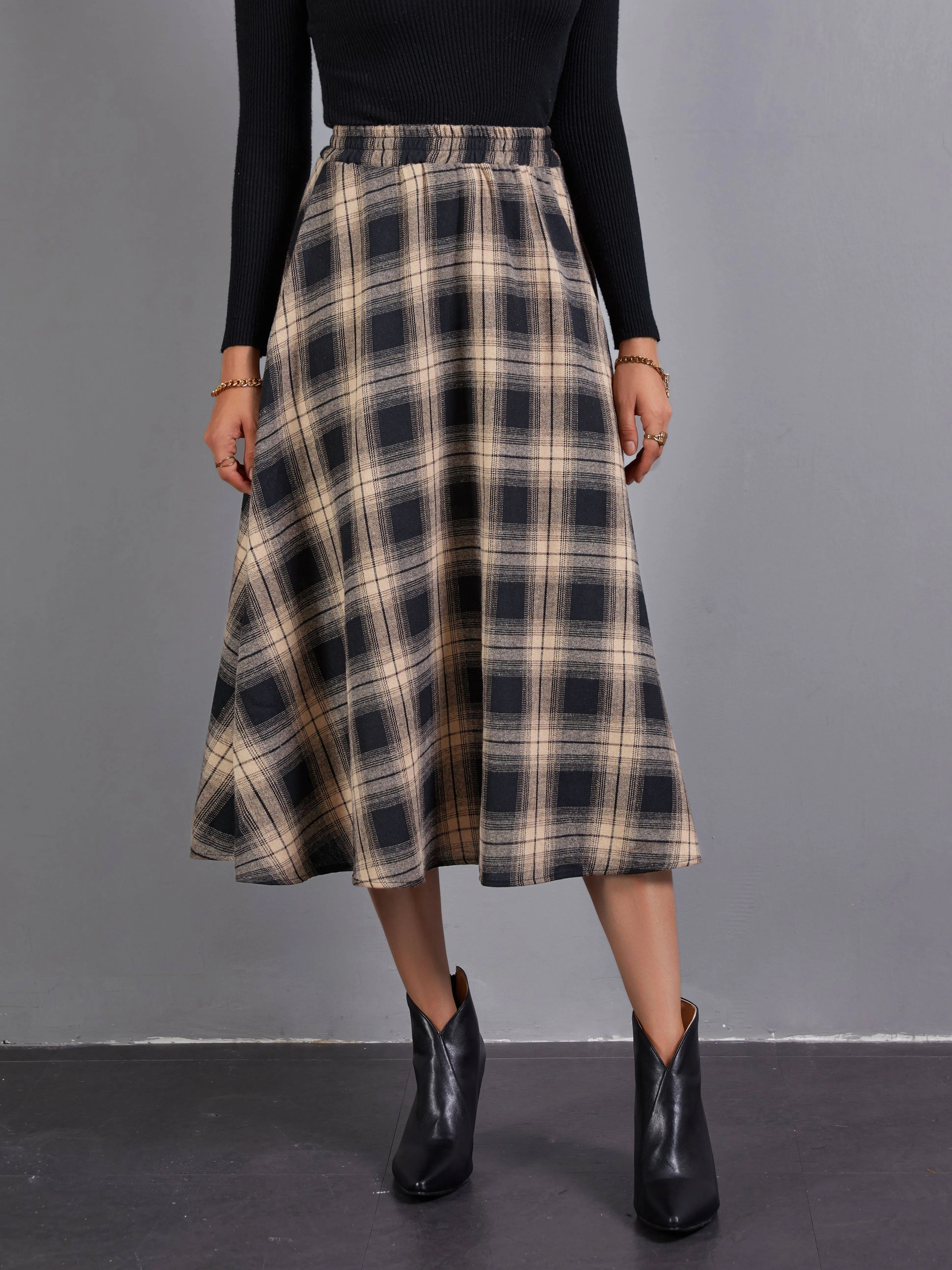 Chic High Waist Plaid Midi Skirt for Womens Fashion