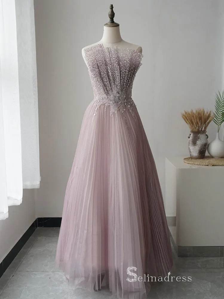 Chic Luxury A-line Strapless Long Prom Dresses Beautiful Evening Dresses MLH0482