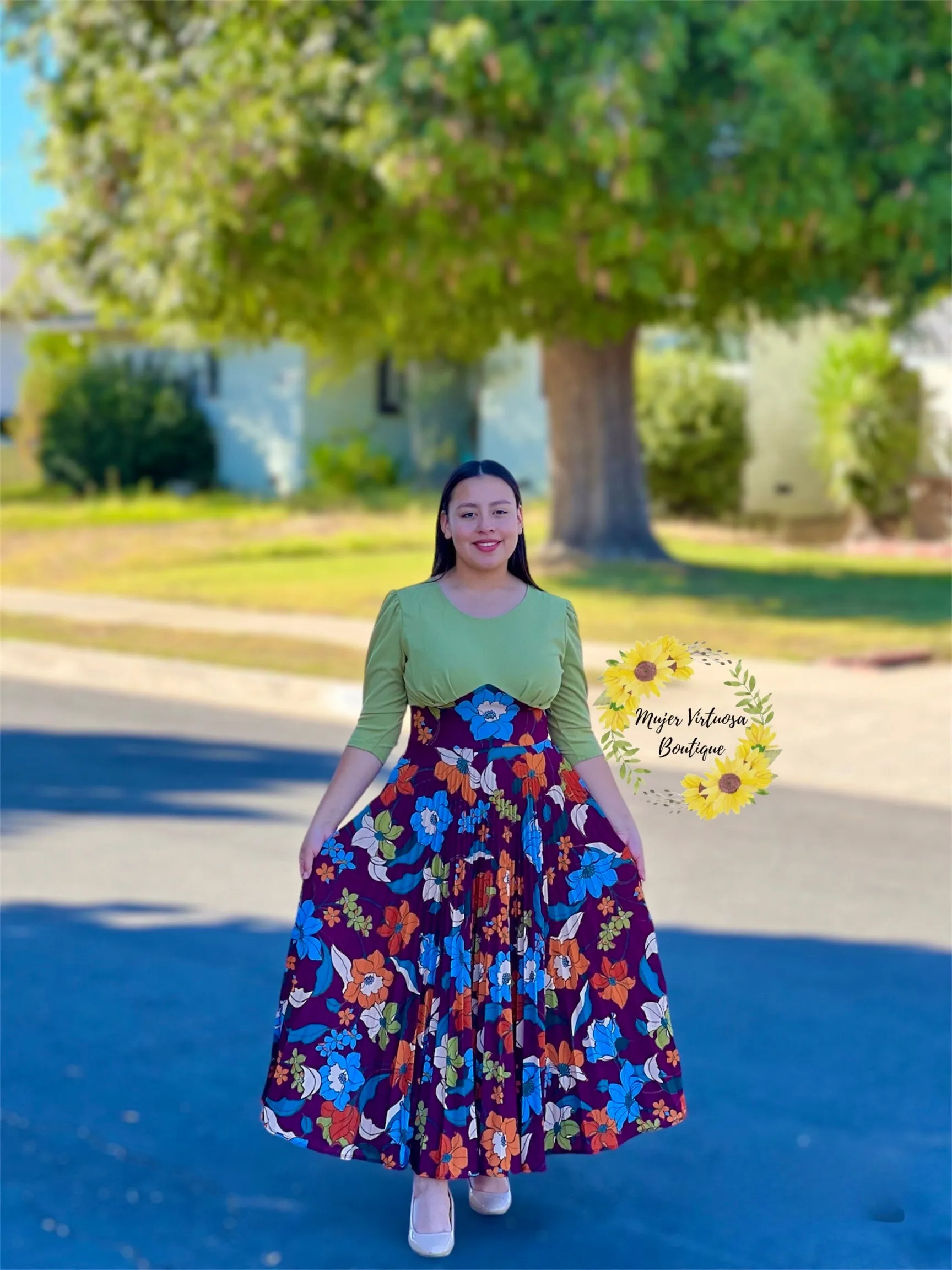 Cristel Lime Green Floral Pleated Dress