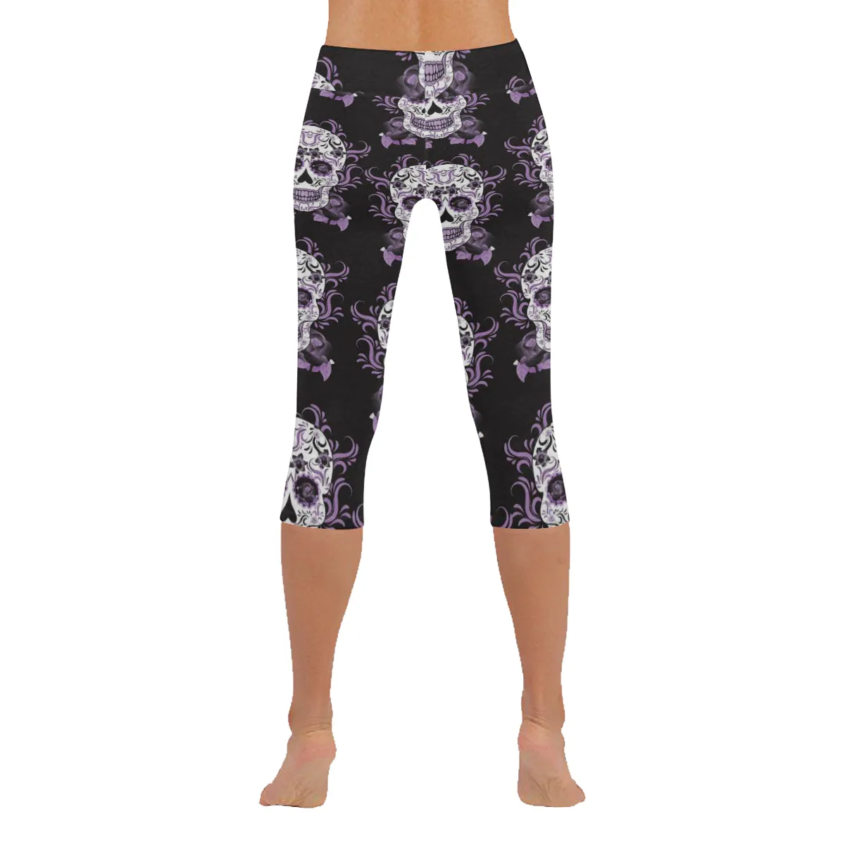 Day of the Dead Mexico Sugar Skull Purple Women's Low Rise Capri Leggings (Invisible Stitch)