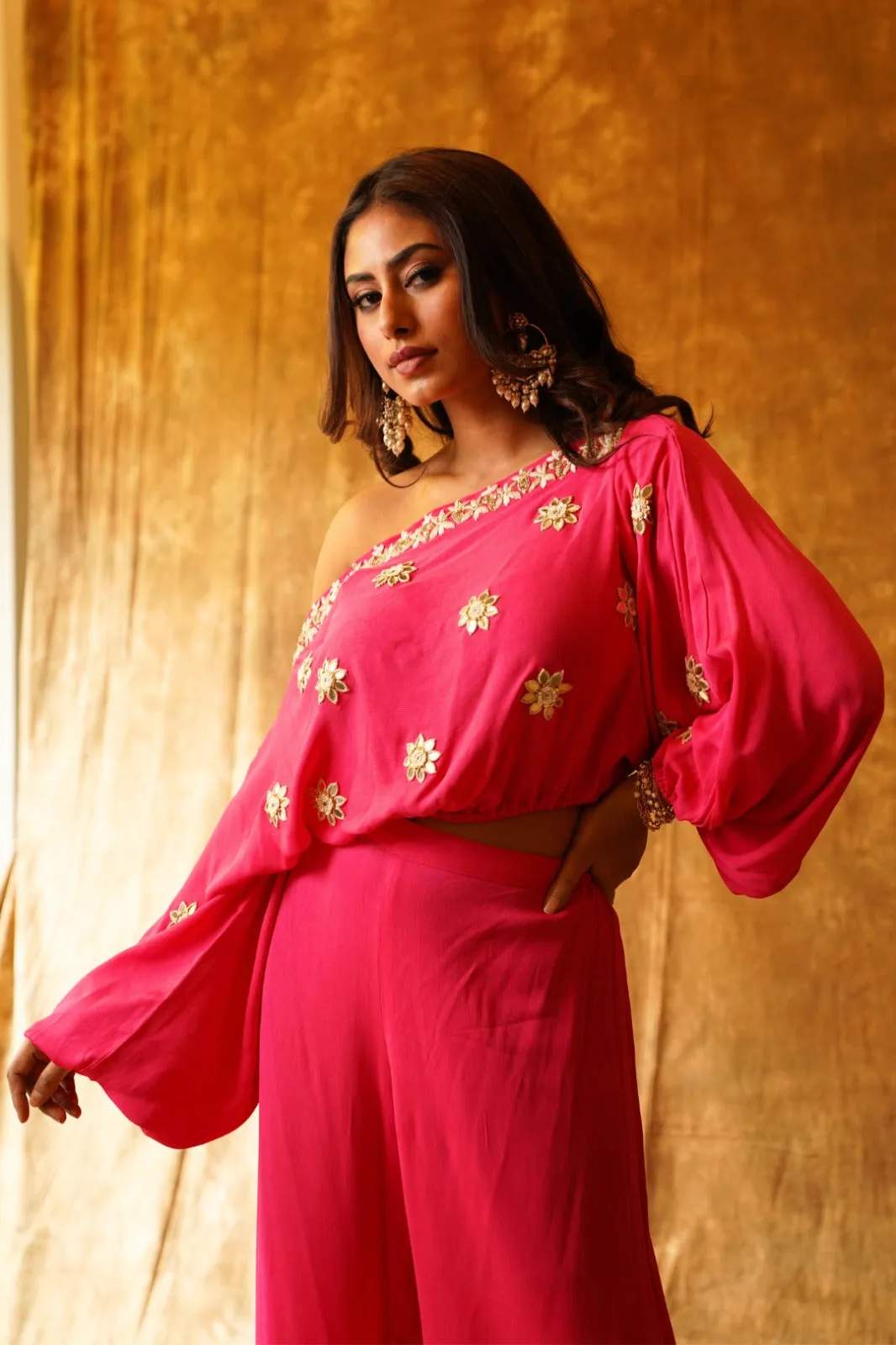 Dazzling Rani Pink Off-Shoulder Top & Palazzo Pants