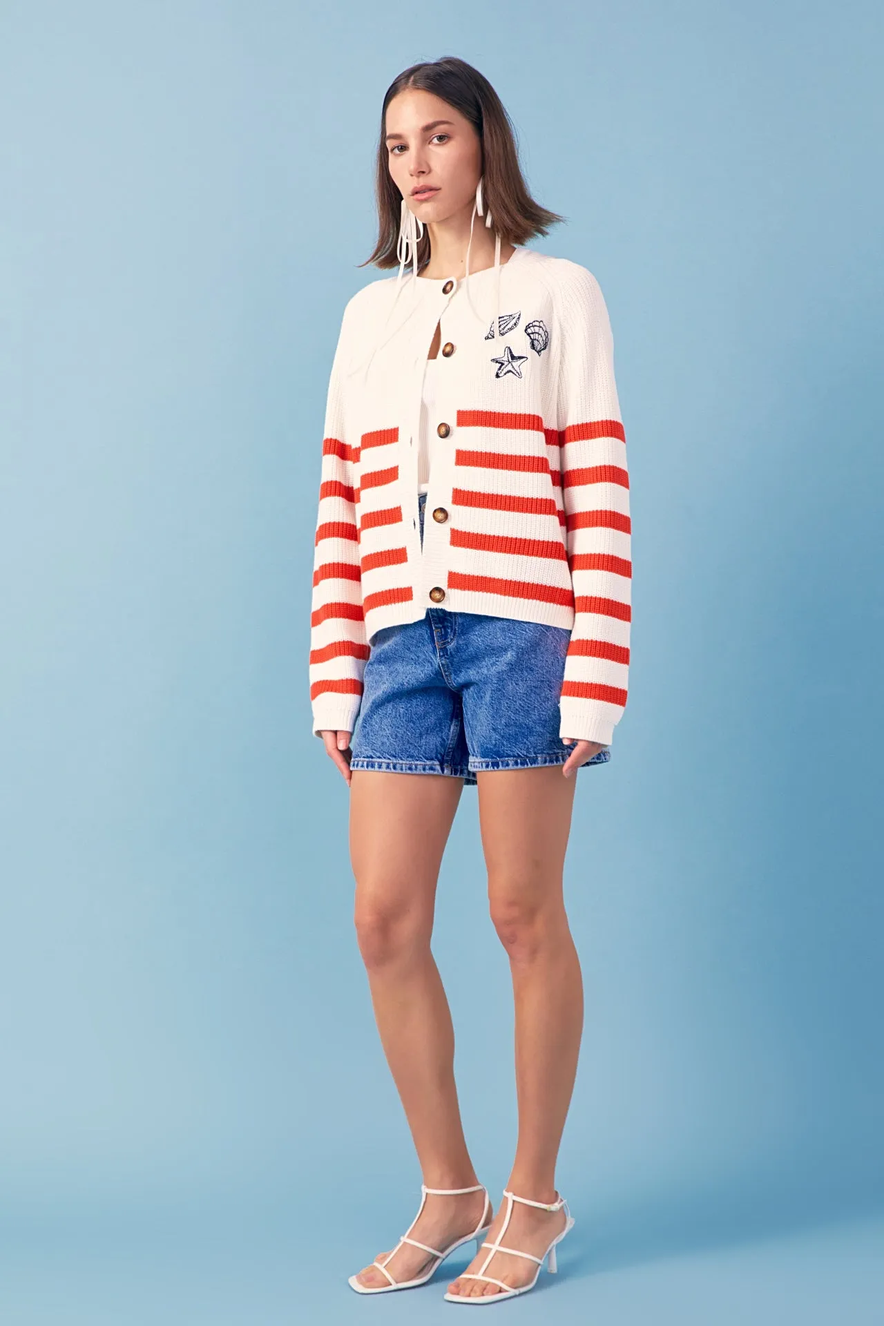 English Factory - Breton Striped Cardigan with Shell Embroidery