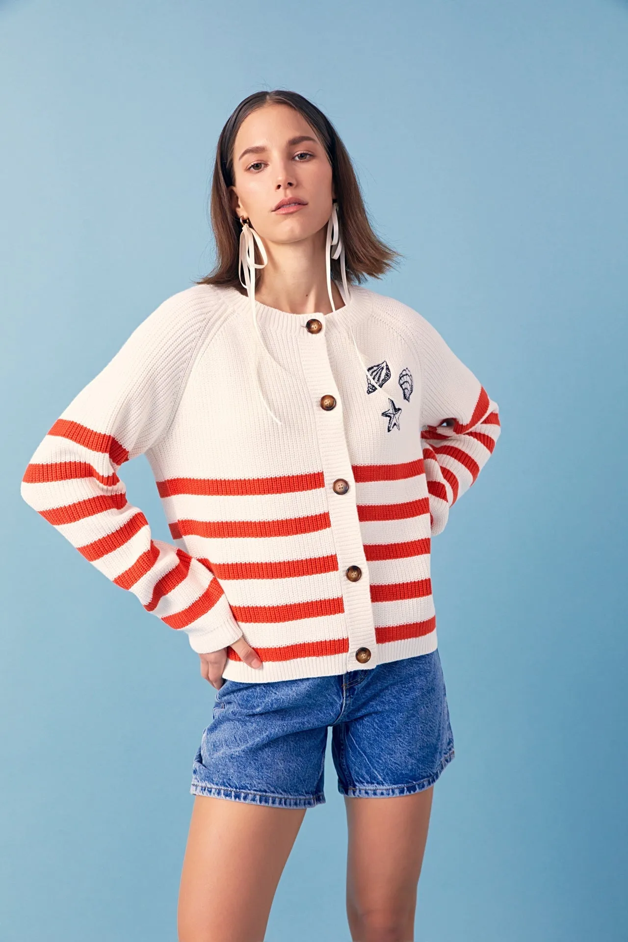 English Factory - Breton Striped Cardigan with Shell Embroidery