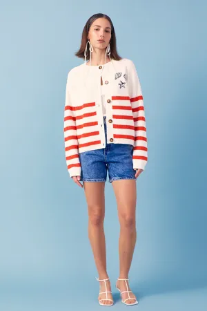 English Factory - Breton Striped Cardigan with Shell Embroidery