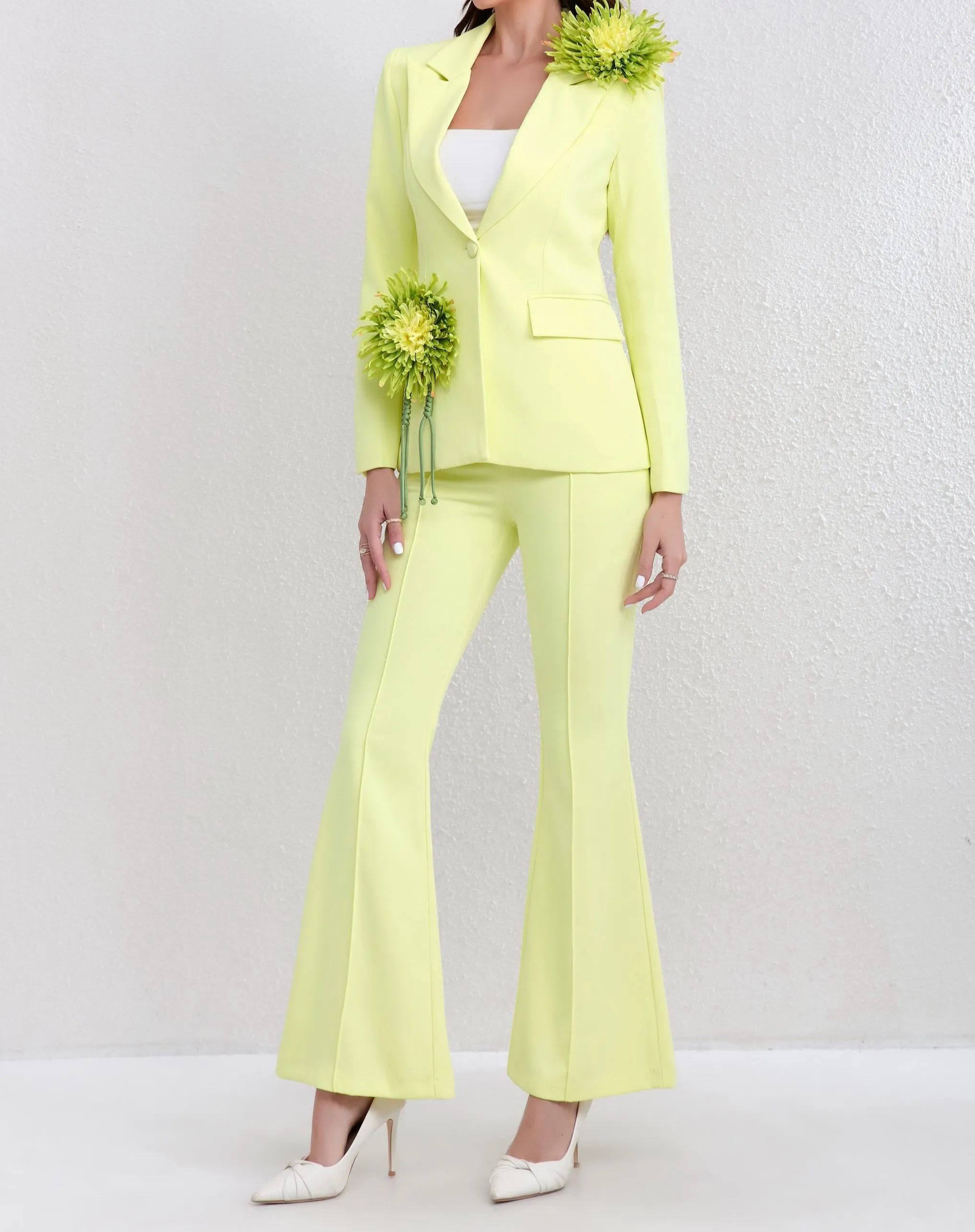 Flora Flower Details Single Button Blazer and Flared Pants Set