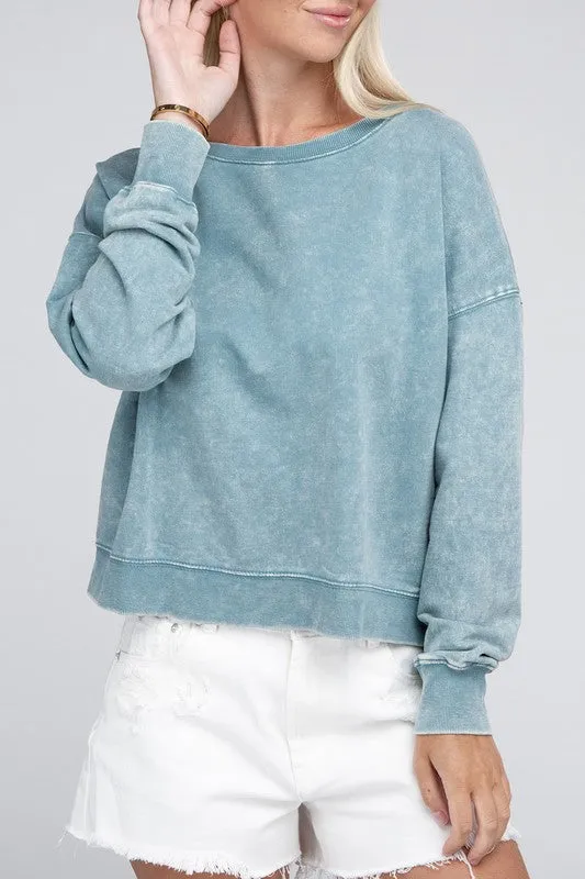 French Terry Acid Wash Boat Neck Pullover