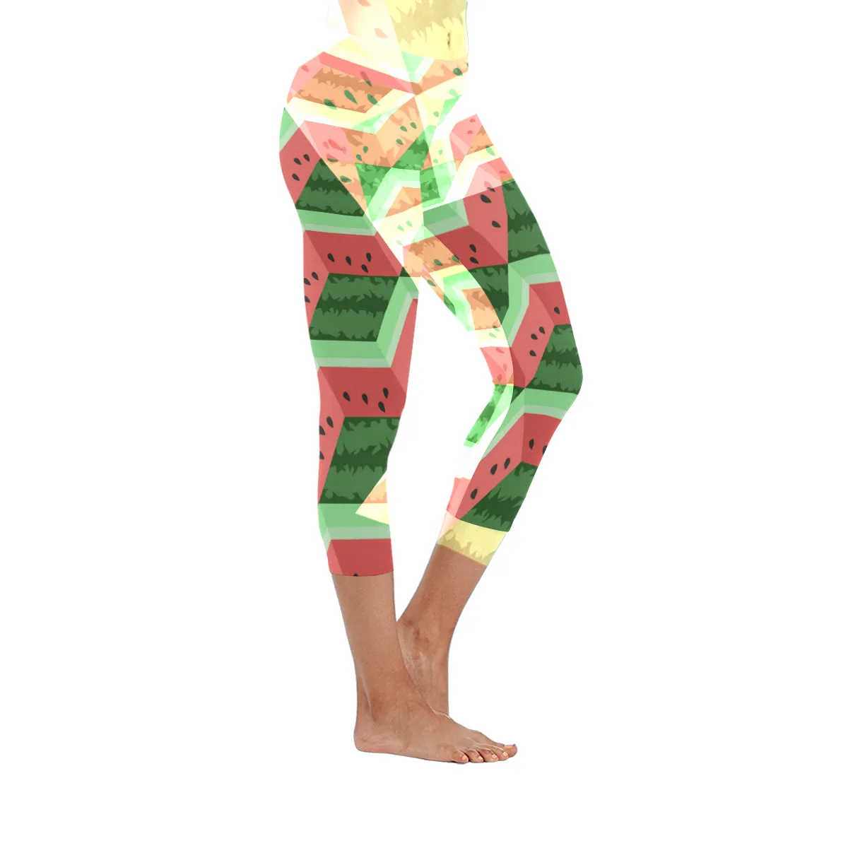 Geometric Watermelon Flat Fruit Colourful Cube Women's Low Rise Capri Leggings (Invisible Stitch)