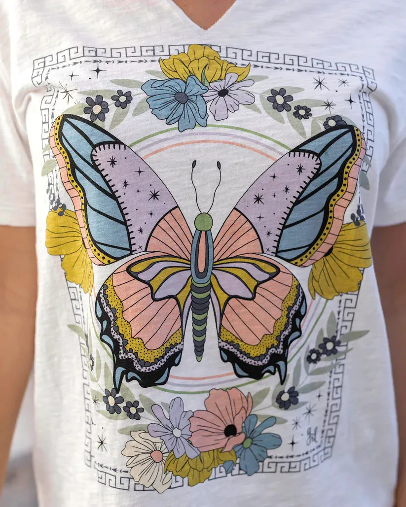 Grace and Lace Notched Neck Washed & Worn Graphic Tee - Butterfly