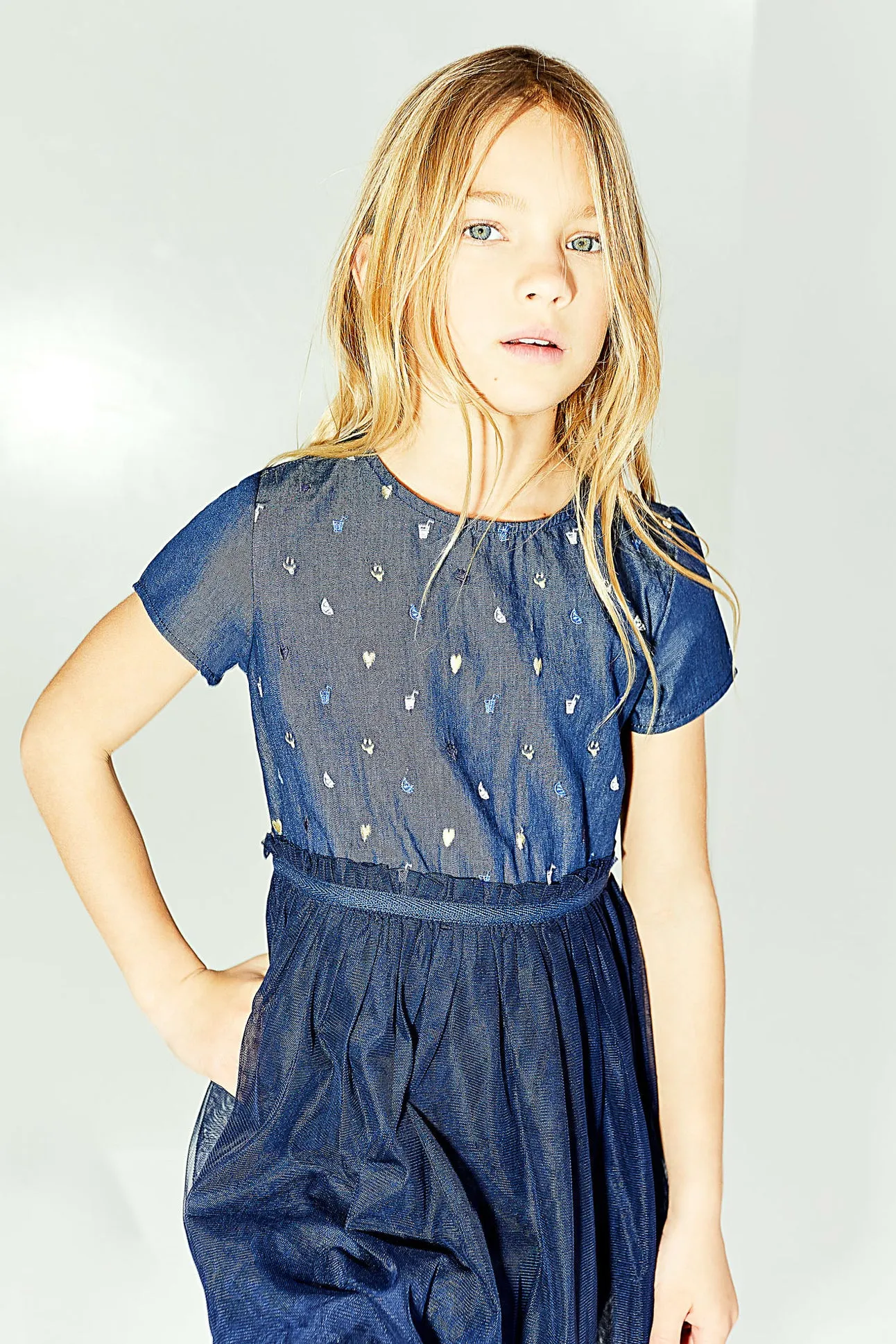 IKKS Chambray and Tulle Girls Dress