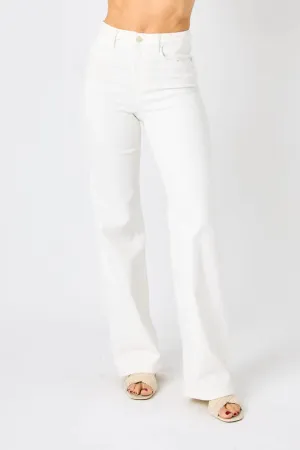 Judy Blue Hi Rise Braided Waistband Wide Leg Jeans - White