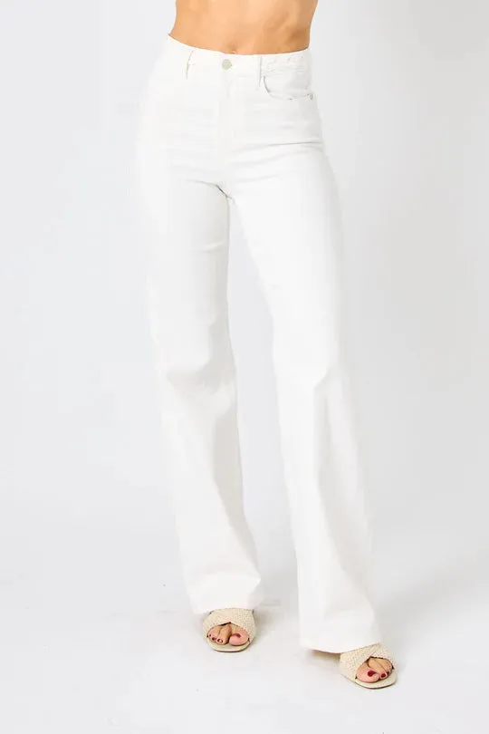 Judy Blue Hi Rise Braided Waistband Wide Leg Jeans - White