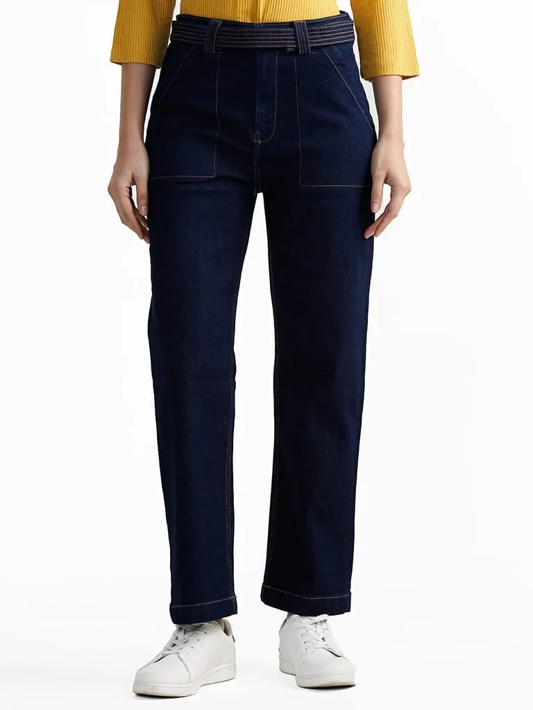 LOV Dark Blue Straight - Fit Mid - Rise Jeans With Belt