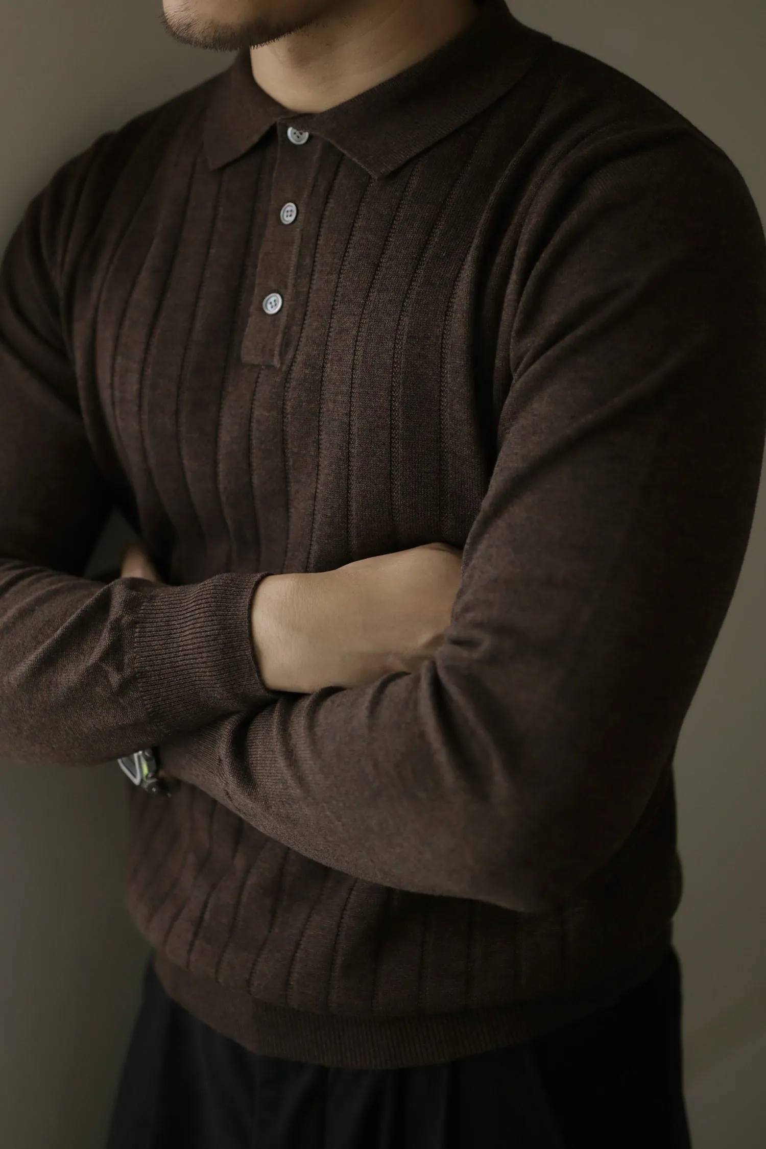 Men's Knit Ribbed Long Sleeves Polo Shirt