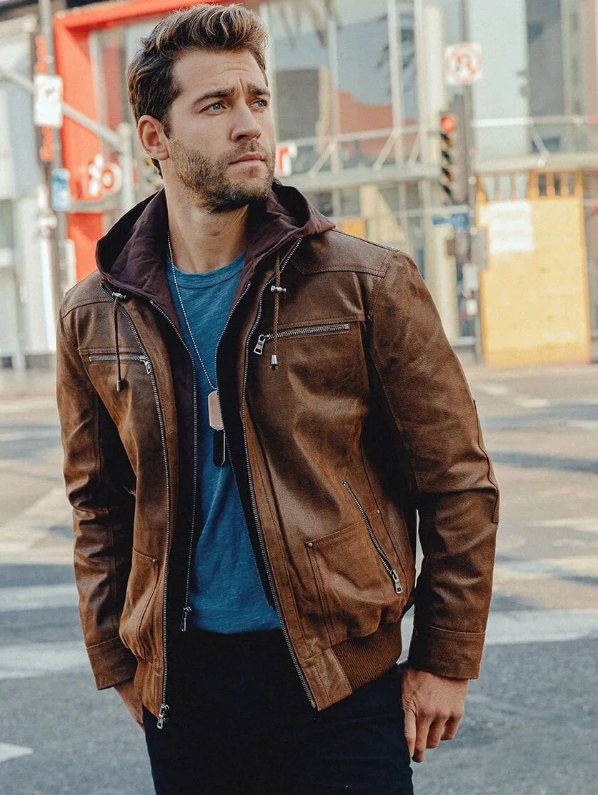 Men’s Leather Jacket With Removable Hood Genuine Leather Jackets