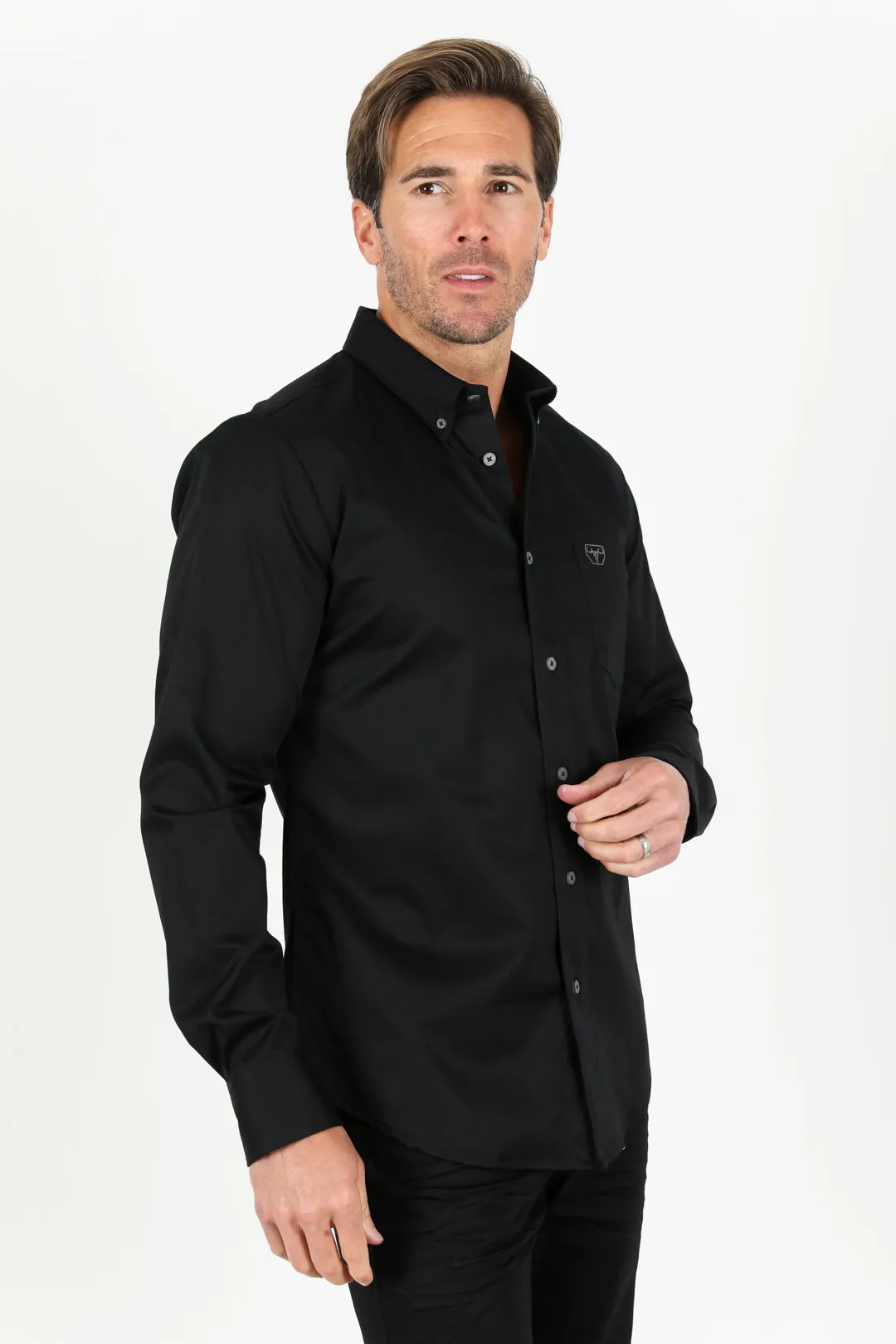 Men’s Single Pocket Logo Modern Fit Stretch Dress Shirt - Black