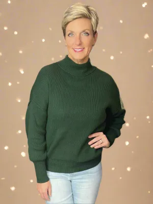 Mock Neck Exposed Seam Sweater in Hunter Green