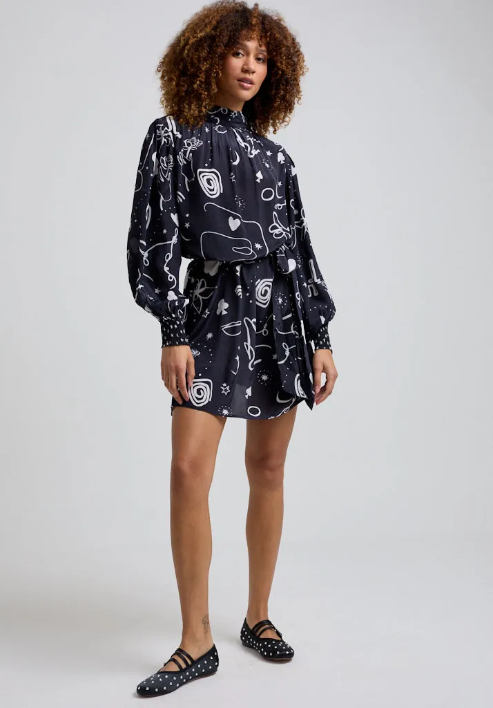 Molly High Neck Spellbound Print Mini Dress In Black