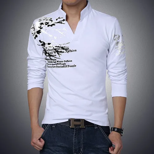 New Fashion Brand Trend Print Slim Fit Long Sleeve T Shirt Men Tee V-Neck Casual Men T-Shirt Cotton T Shirts Plus Size M-5XL