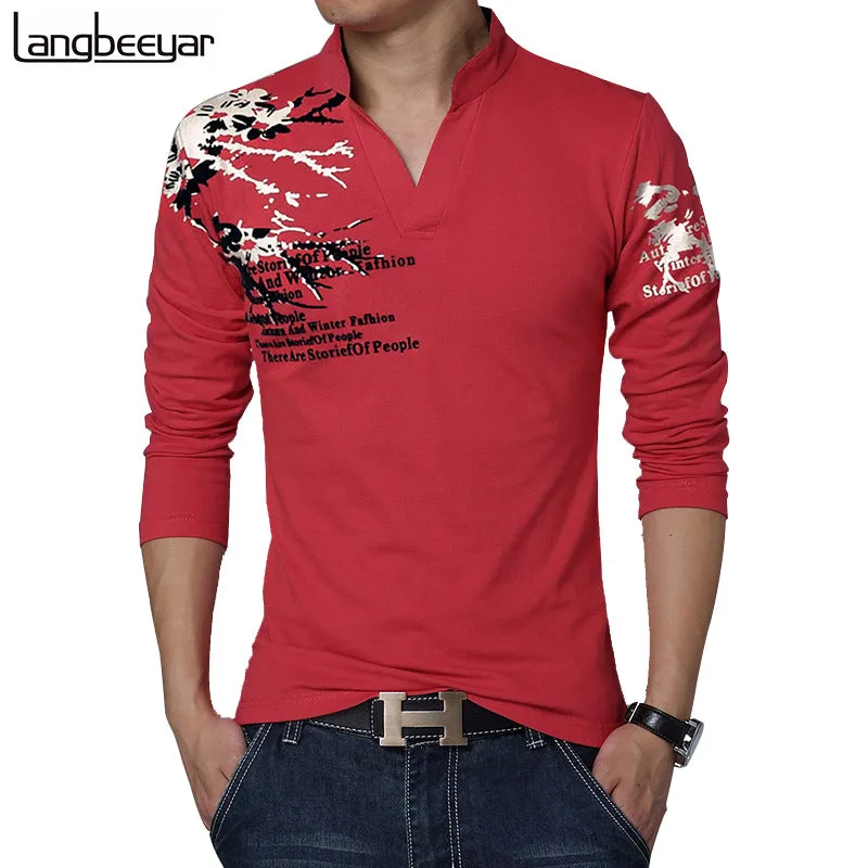 New Fashion Brand Trend Print Slim Fit Long Sleeve T Shirt Men Tee V-Neck Casual Men T-Shirt Cotton T Shirts Plus Size M-5XL