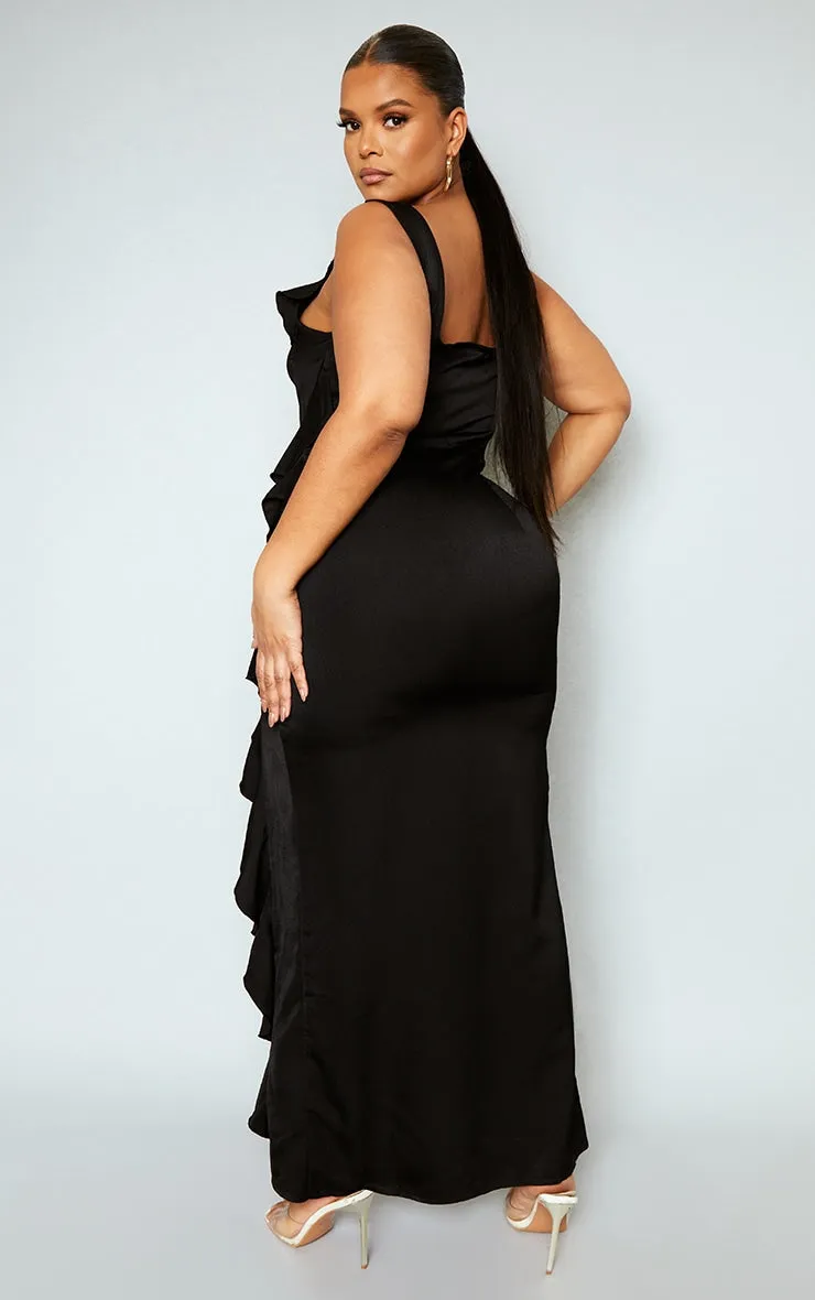 Plus Black Satin Frill Layered Maxi Dress