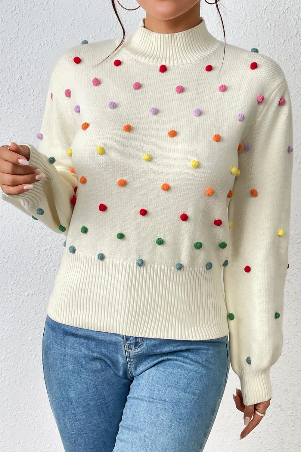 Pom-Pom Trim Mock Neck Long Sleeve Pullover Sweater