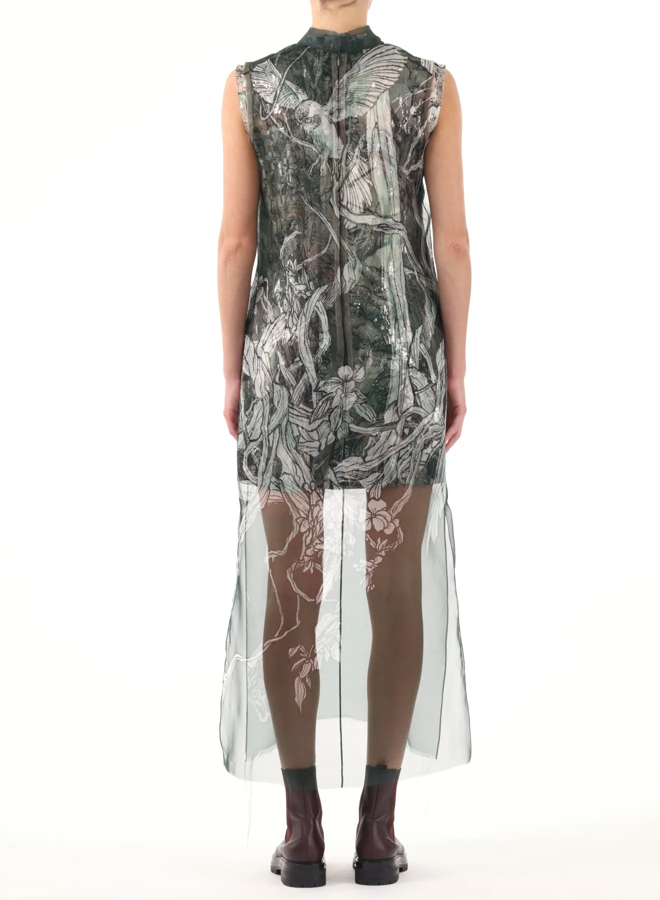 PRINTED ORGANZA SHEATH DRESS W/ CRINKLE FOIL UNDER