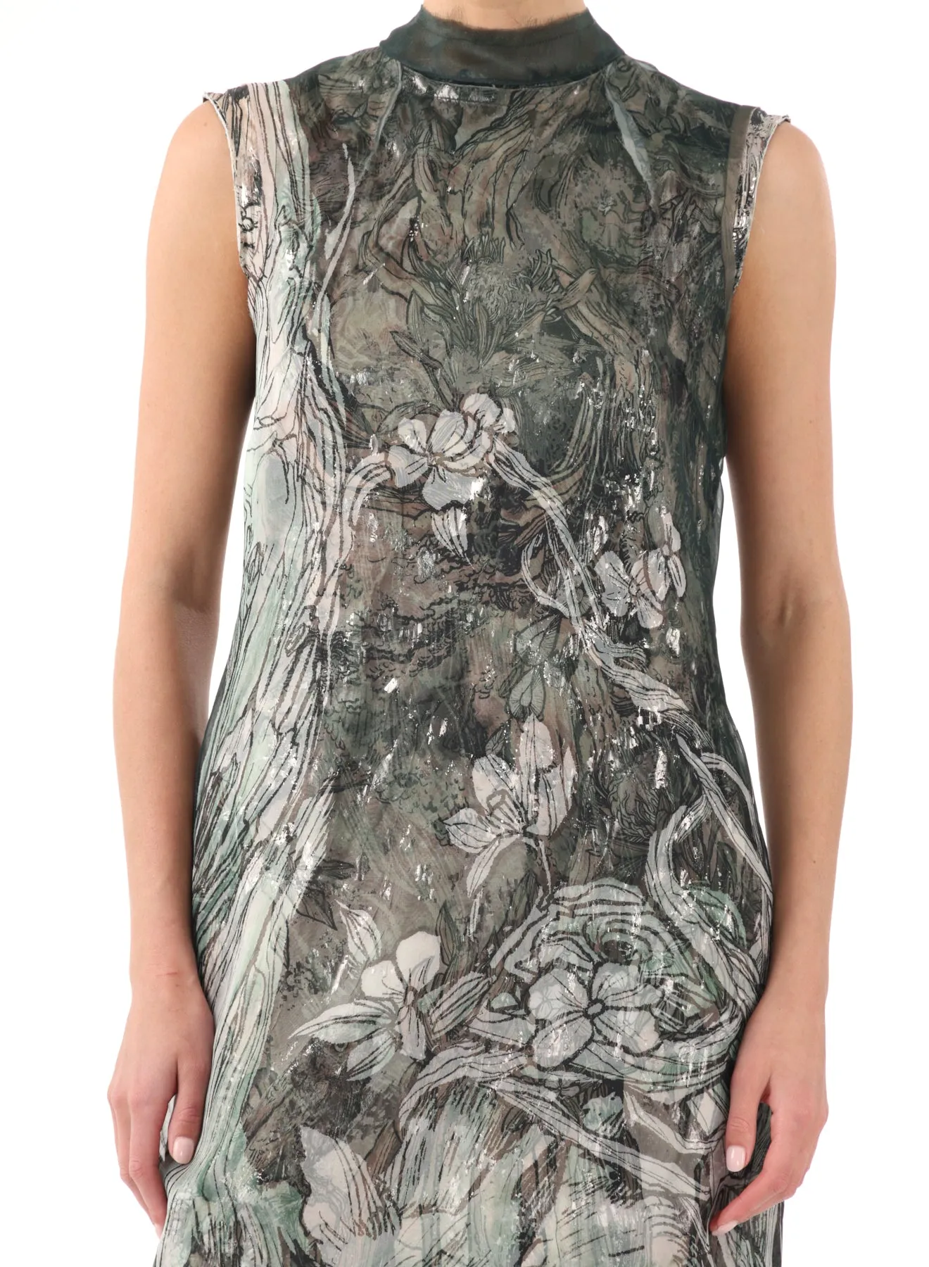 PRINTED ORGANZA SHEATH DRESS W/ CRINKLE FOIL UNDER