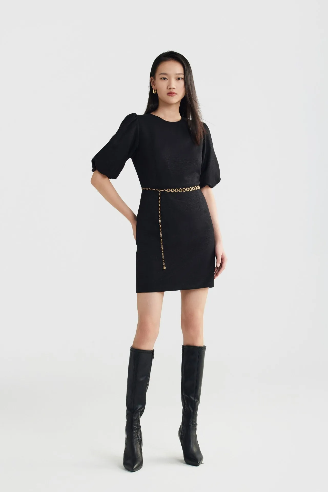 Puff Sleeves Round-Neck Dress