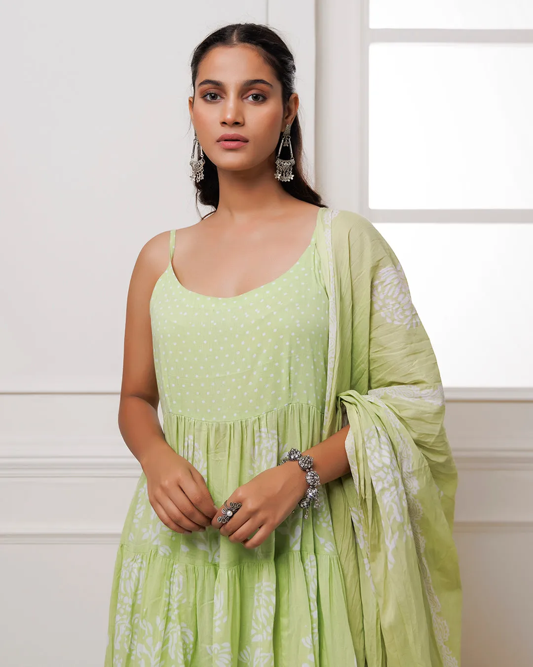 Qala Pista Green Hand Block Printed Anarkali Suit Set